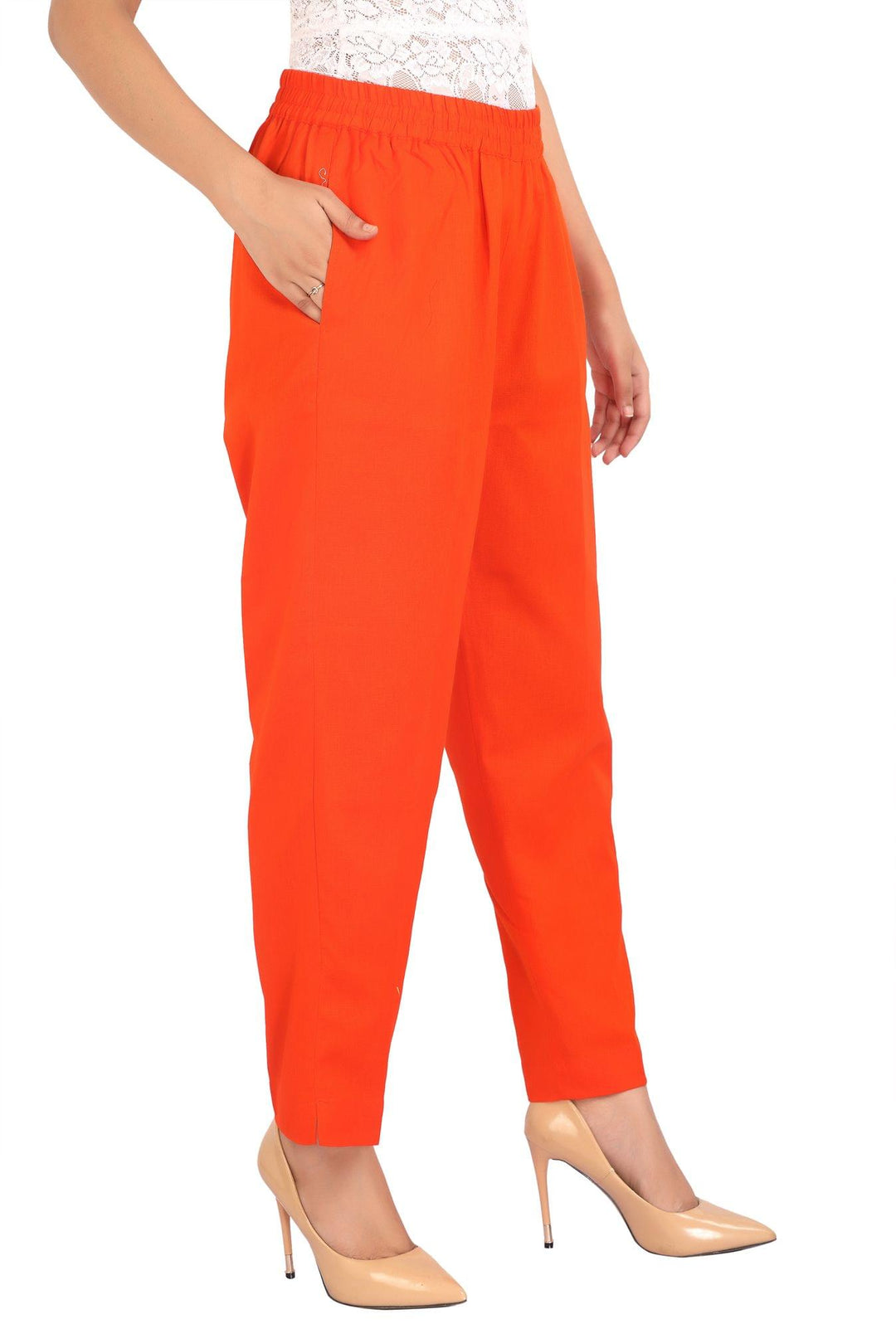 Orange Solid Cotton Pant