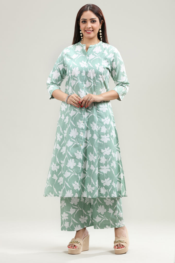 Pista Green Jaipuri Cotton A Line Printed Kurta