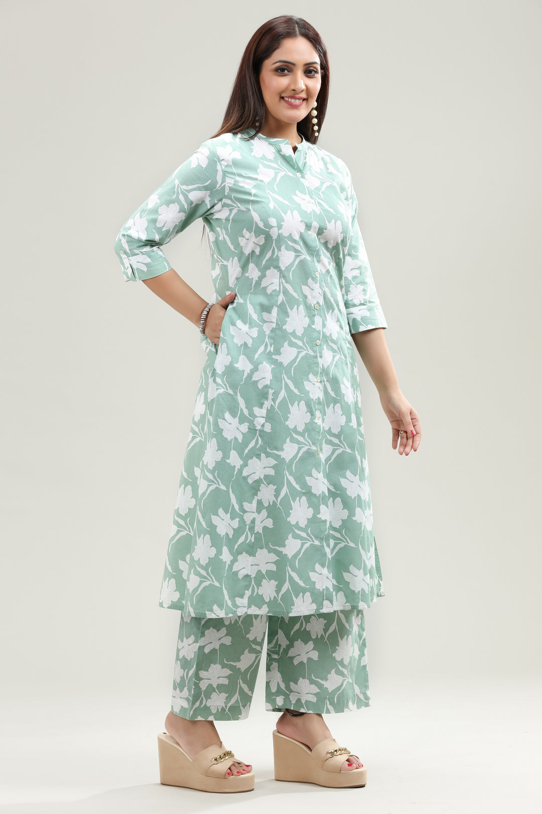 Pista Green Jaipuri Cotton A Line Printed Kurta