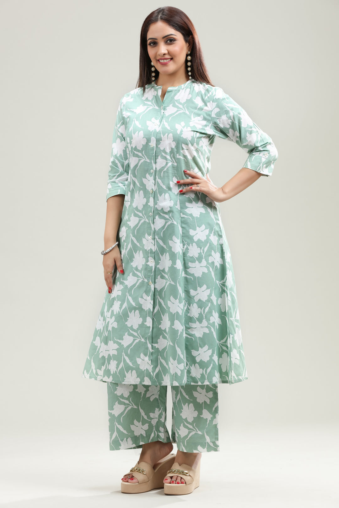 Pista Green Jaipuri Cotton A Line Printed Kurta