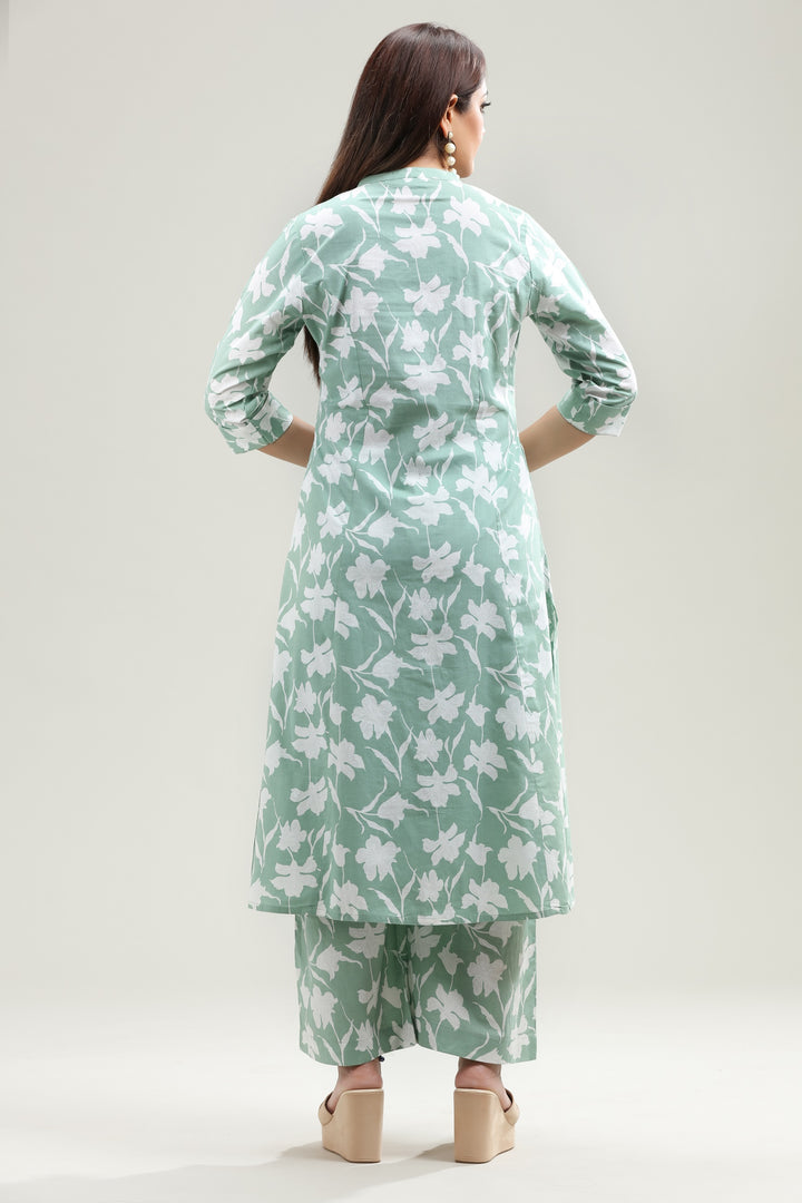 Pista Green Jaipuri Cotton A Line Printed Kurta