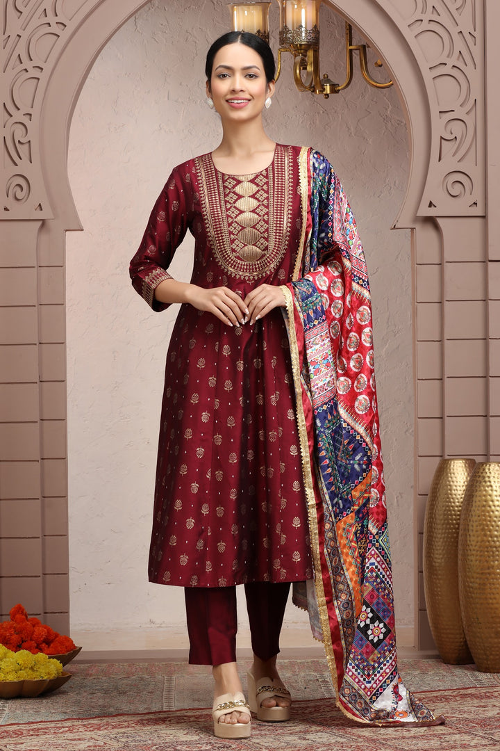 Maroon PolySilk Embroidered A Line Kurta Pant Suit Set