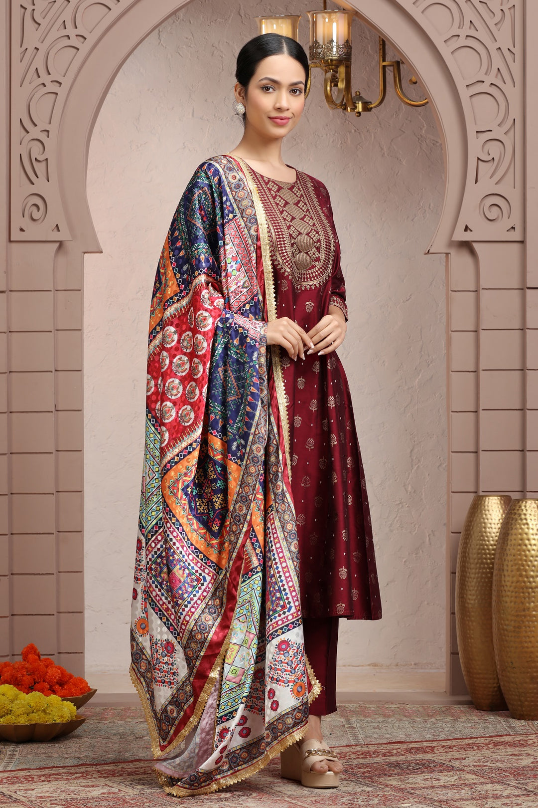 Maroon PolySilk Embroidered A Line Kurta Pant Suit Set