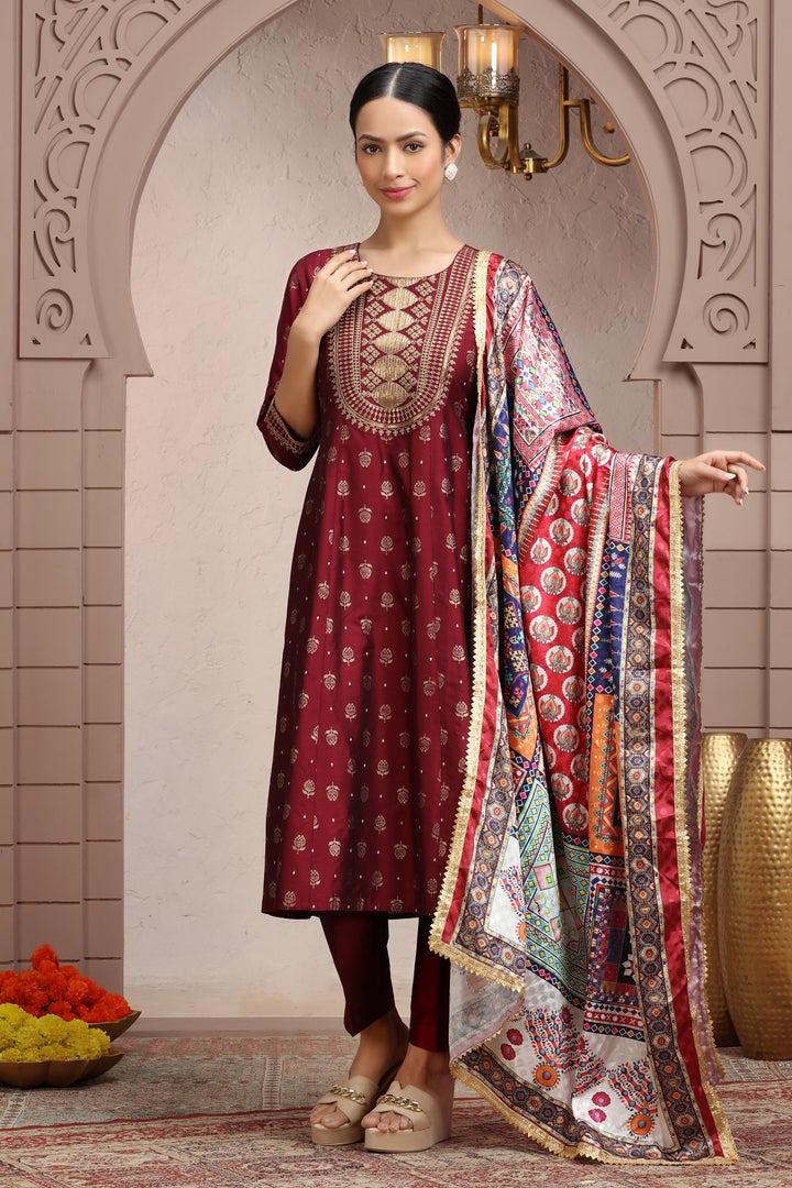 Maroon PolySilk Embroidered A Line Kurta Pant Suit Set