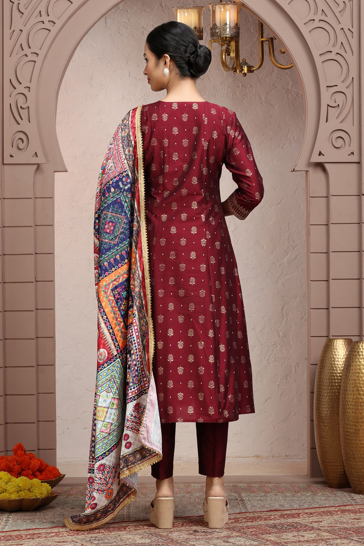 Maroon PolySilk Embroidered A Line Kurta Pant Suit Set