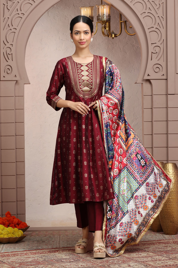 Maroon PolySilk Embroidered A Line Kurta Pant Suit Set