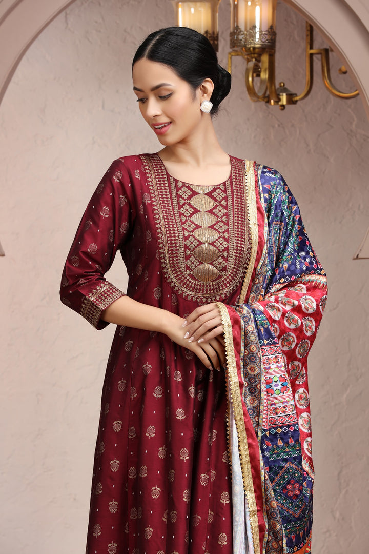 Maroon PolySilk Embroidered A Line Kurta Pant Suit Set