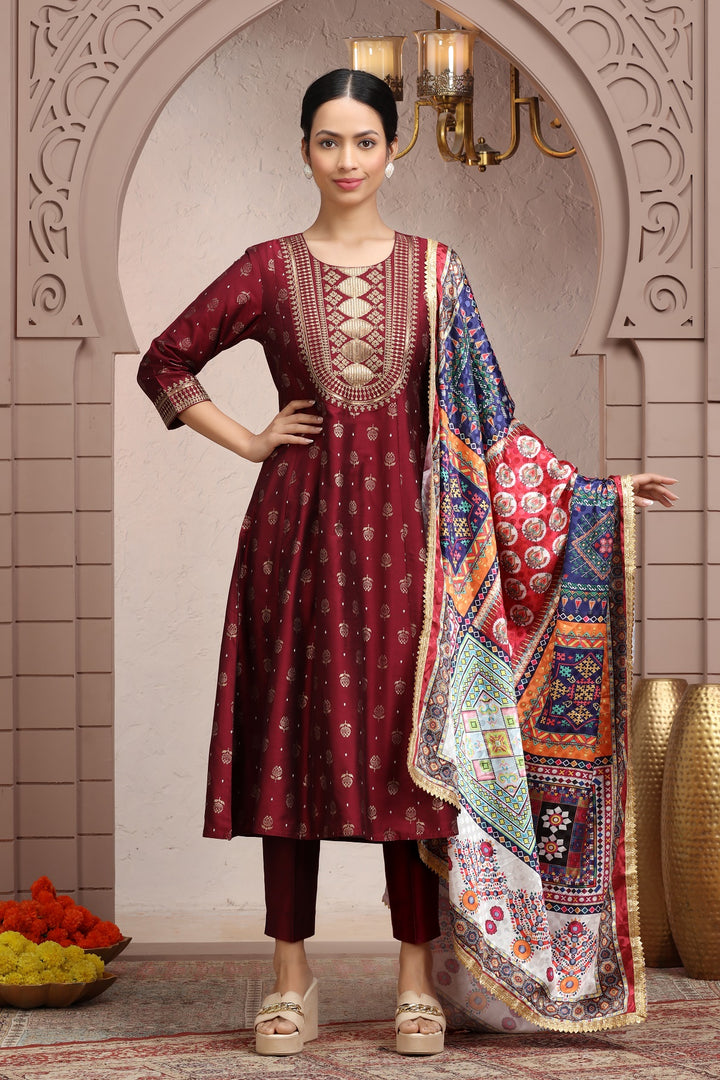 Maroon PolySilk Embroidered A Line Kurta Pant Suit Set