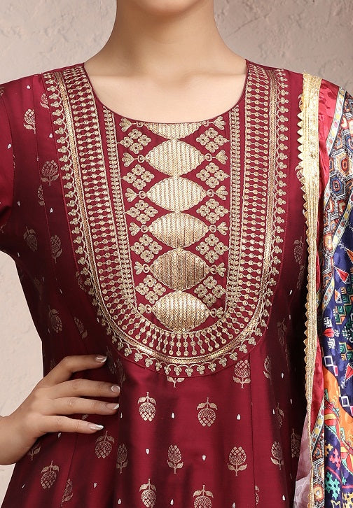 Maroon PolySilk Embroidered A Line Kurta Pant Suit Set