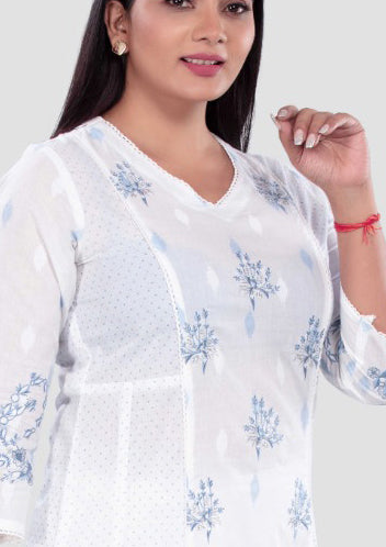 White Cotton A Line Printed Kurta