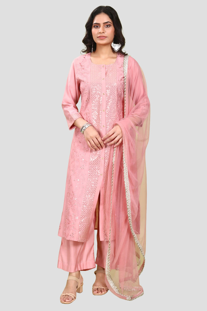 Pastel Pink PolySilk Straight Embroidered Kurta Pant Suit Set