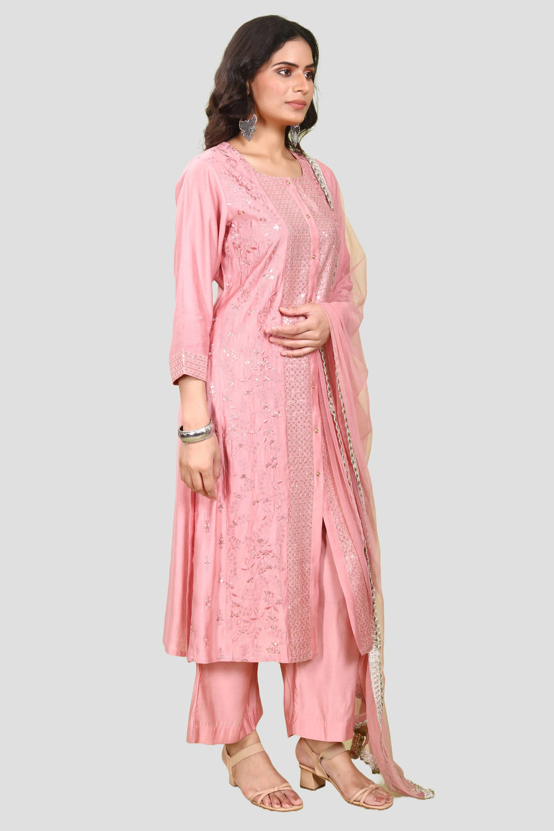 Pastel Pink PolySilk Straight Embroidered Kurta Pant Suit Set