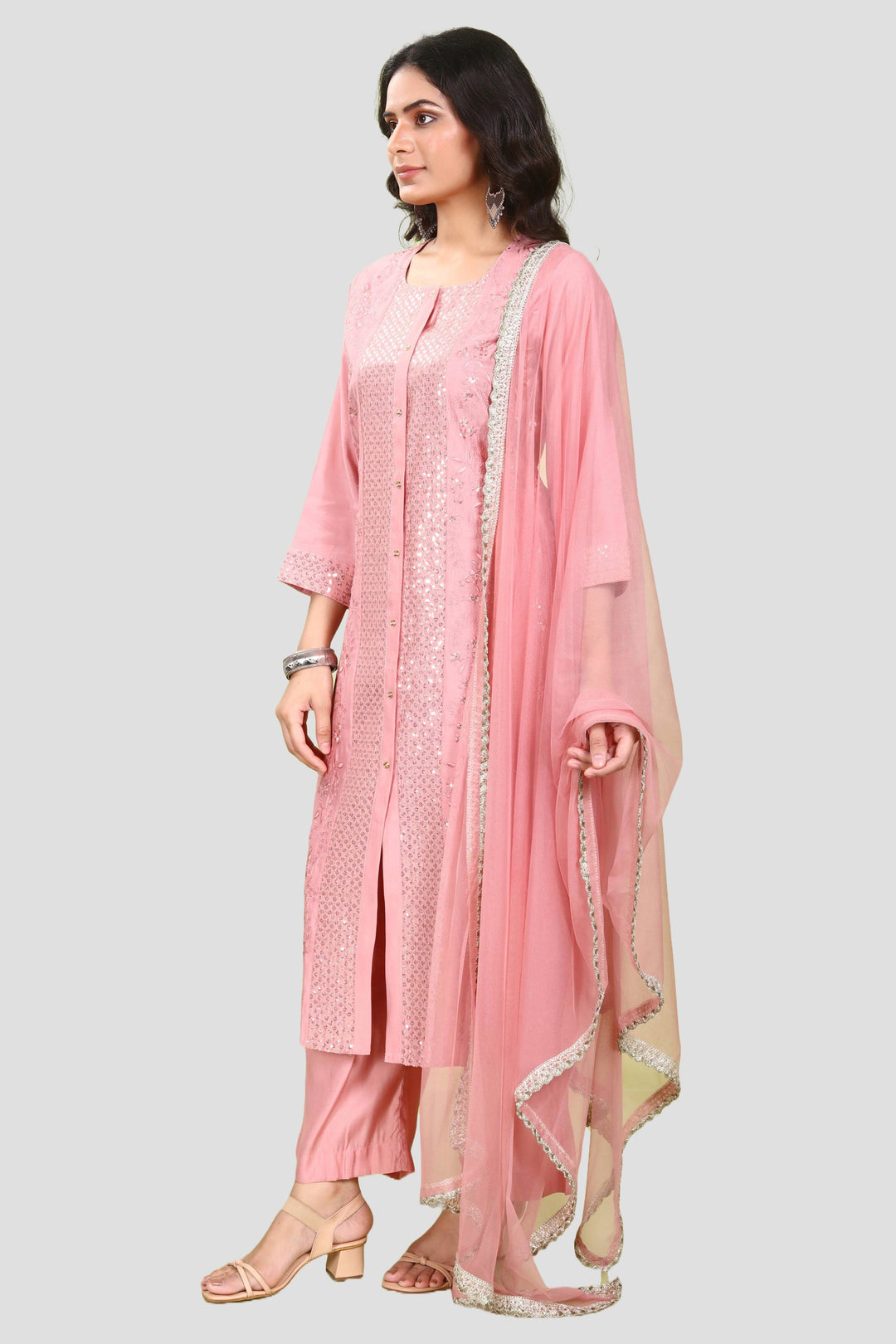 Pastel Pink PolySilk Straight Embroidered Kurta Pant Suit Set