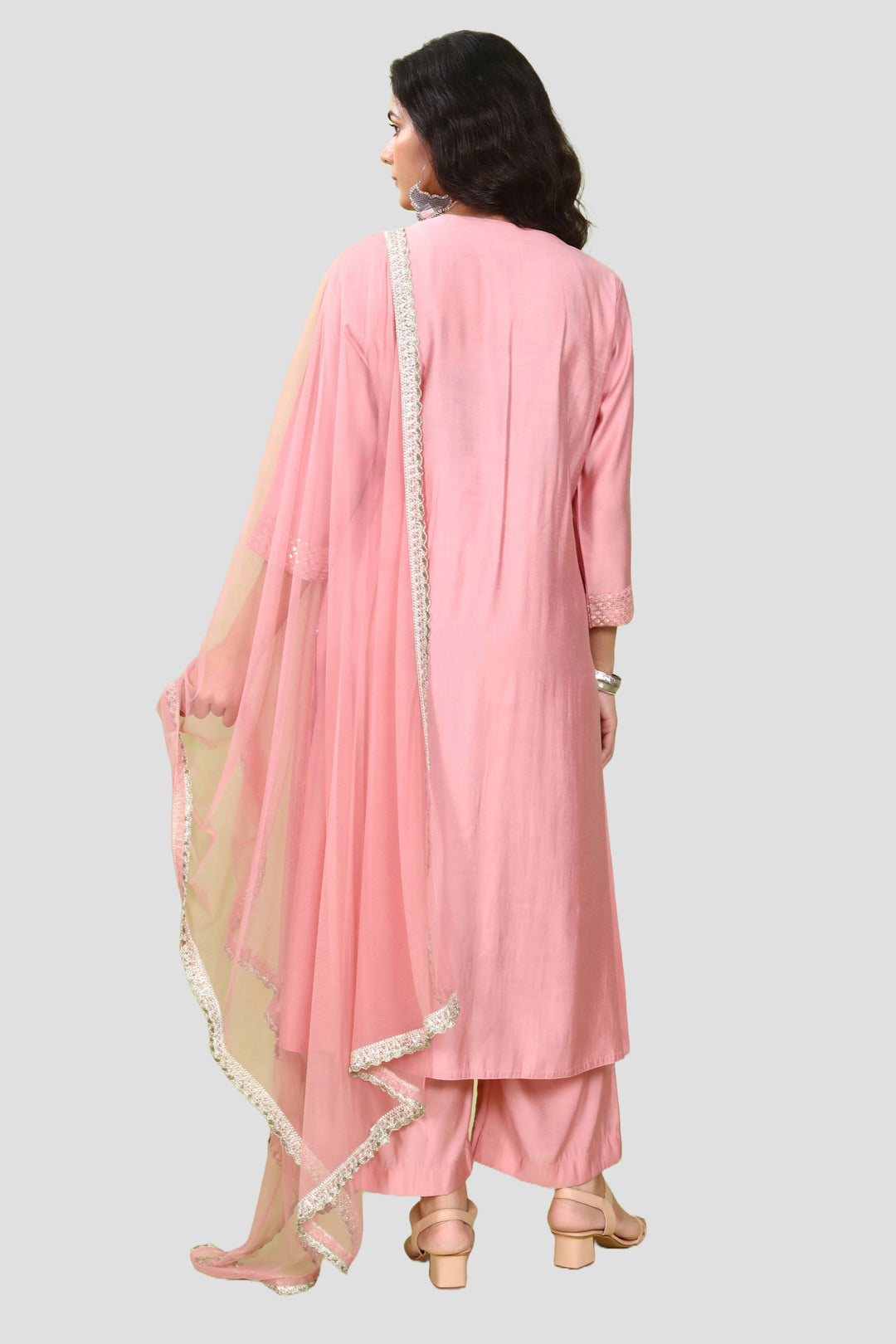 Pastel Pink PolySilk Straight Embroidered Kurta Pant Suit Set