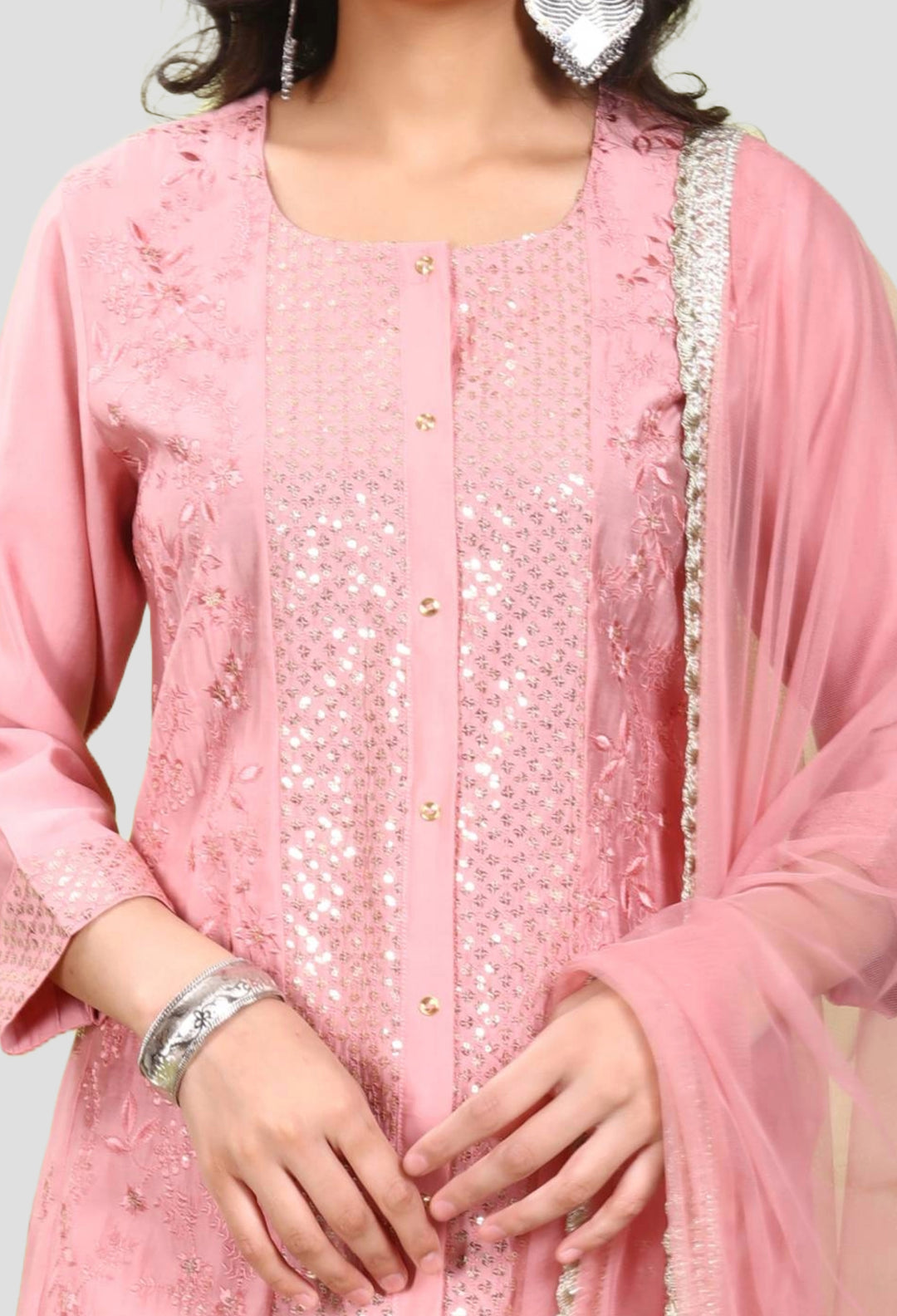 Pastel Pink PolySilk Straight Embroidered Kurta Pant Suit Set