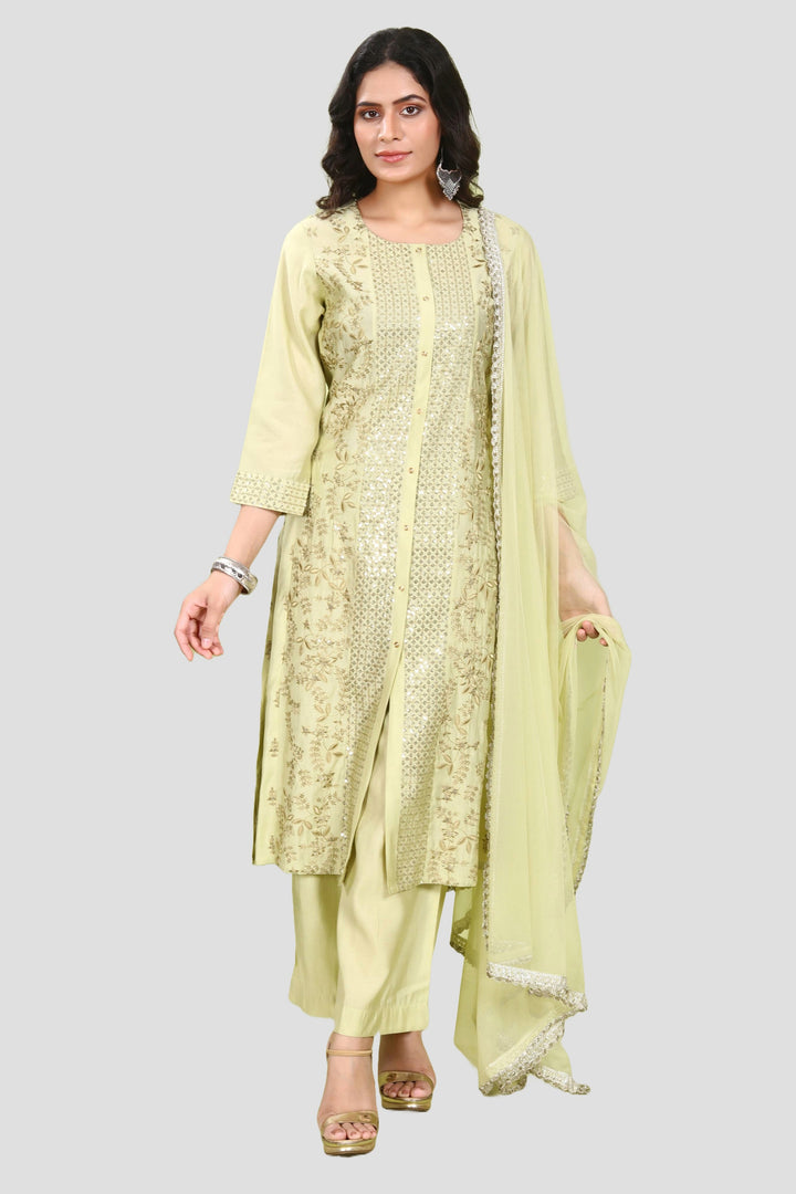 Pista Green PolySilk Straight Embroidered Kurta Pant Suit Set