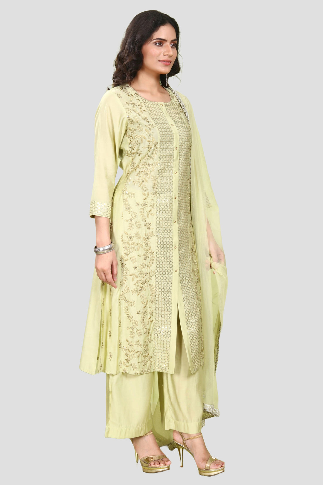 Pista Green PolySilk Straight Embroidered Kurta Pant Suit Set