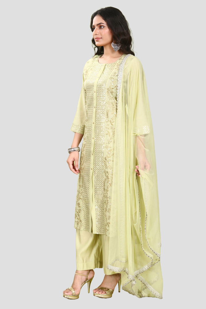 Pista Green PolySilk Straight Embroidered Kurta Pant Suit Set