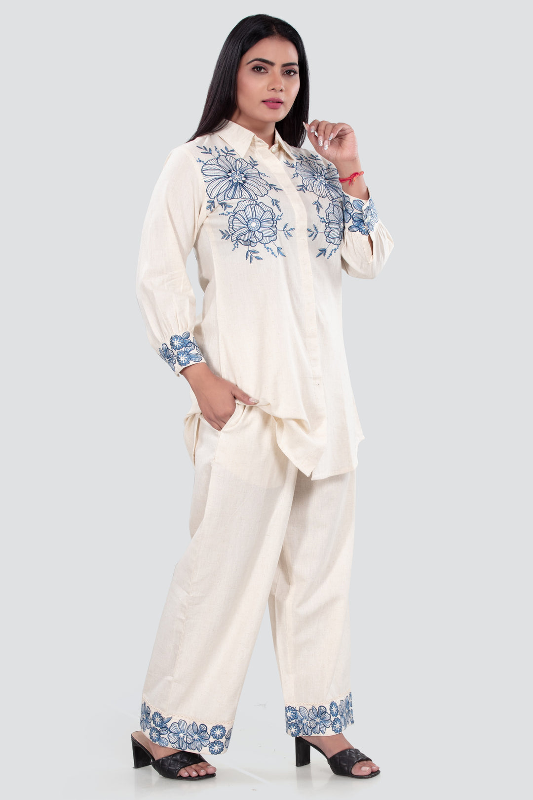 Off White Cotton Flax Straight Embroidered Kurta Pant Co ord Set