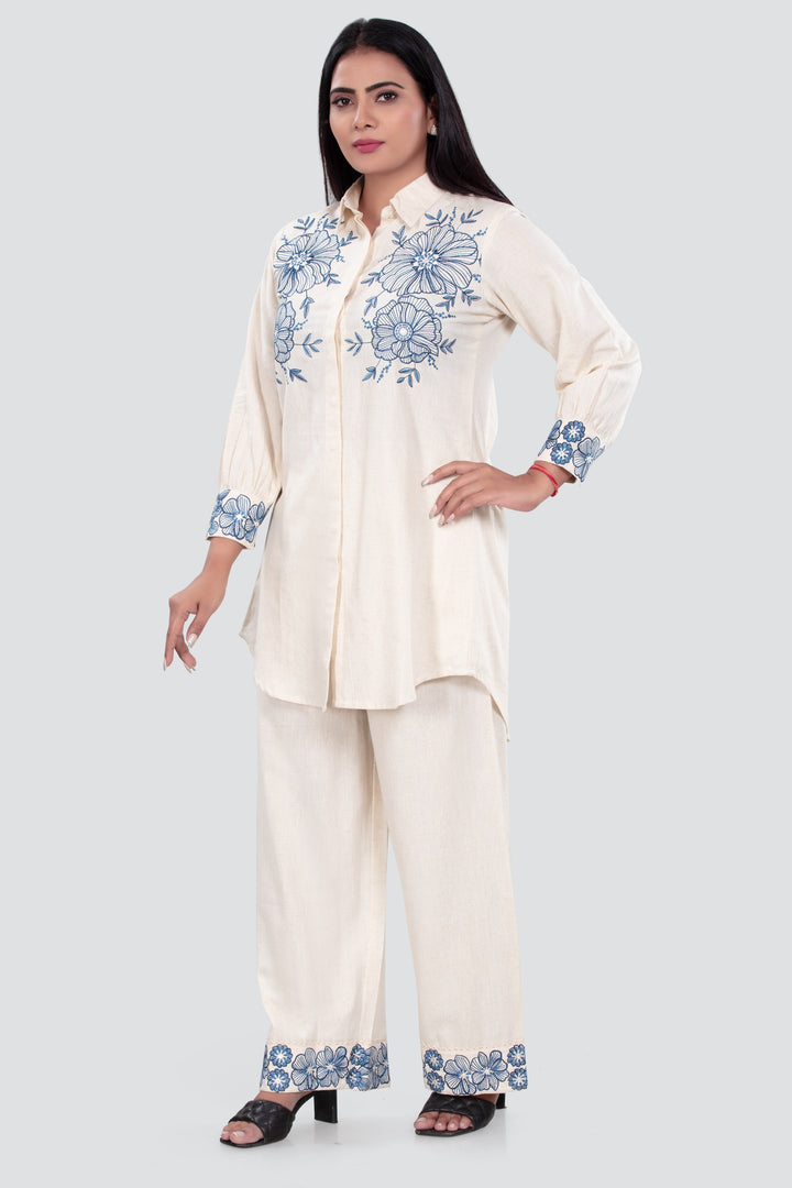 Off White Cotton Flax Straight Embroidered Kurta Pant Co ord Set