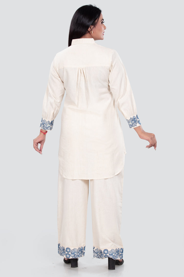 Off White Cotton Flax Straight Embroidered Kurta Pant Co ord Set