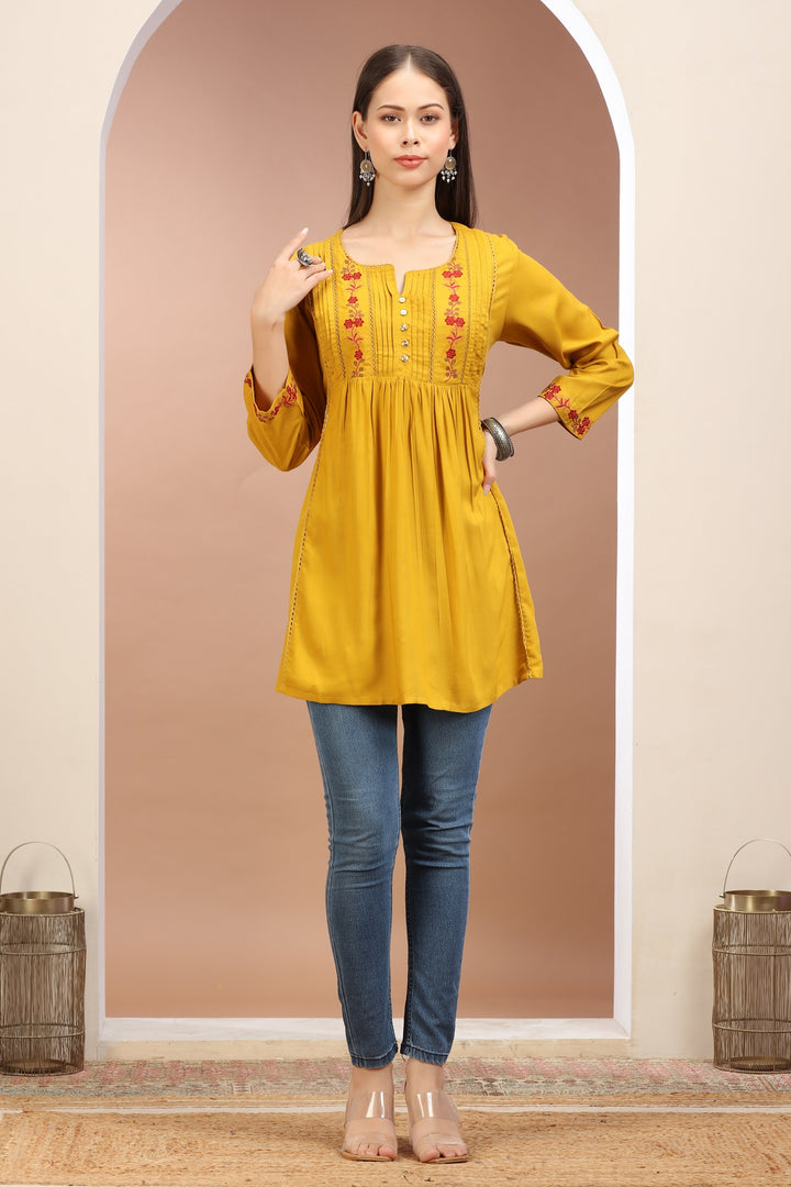 Mustard Rayon Embroidered Flared Short Kurta for women/ girls