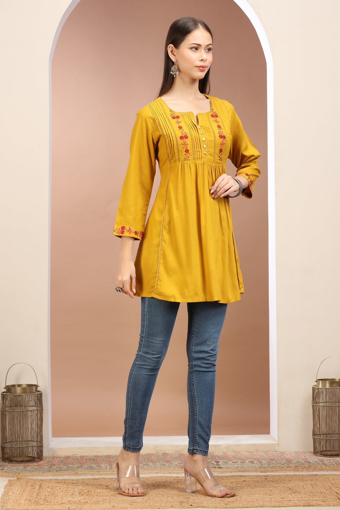 Mustard Rayon Embroidered Flared Short Kurta