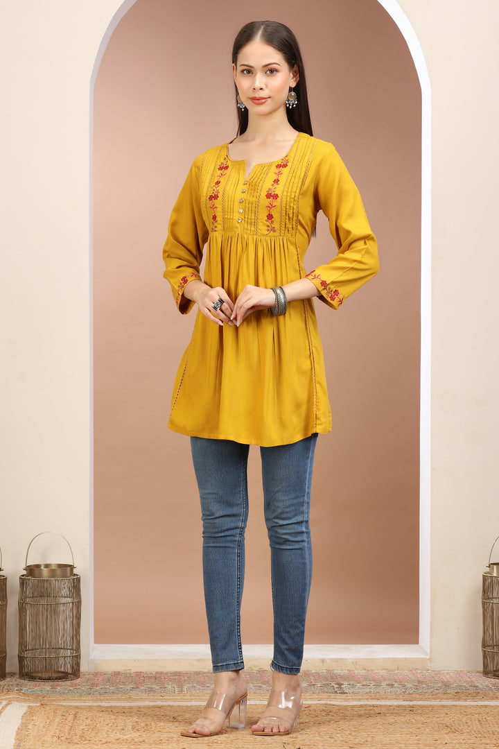 Mustard Rayon Embroidered Flared Short Kurta for women/ girls