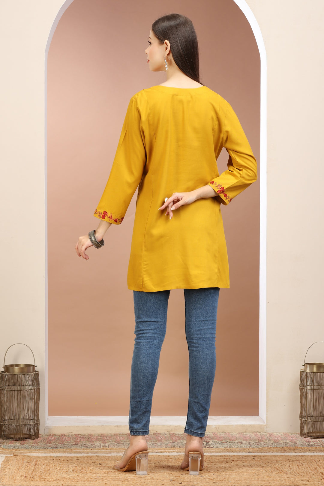 Mustard Rayon Embroidered Flared Short Kurta