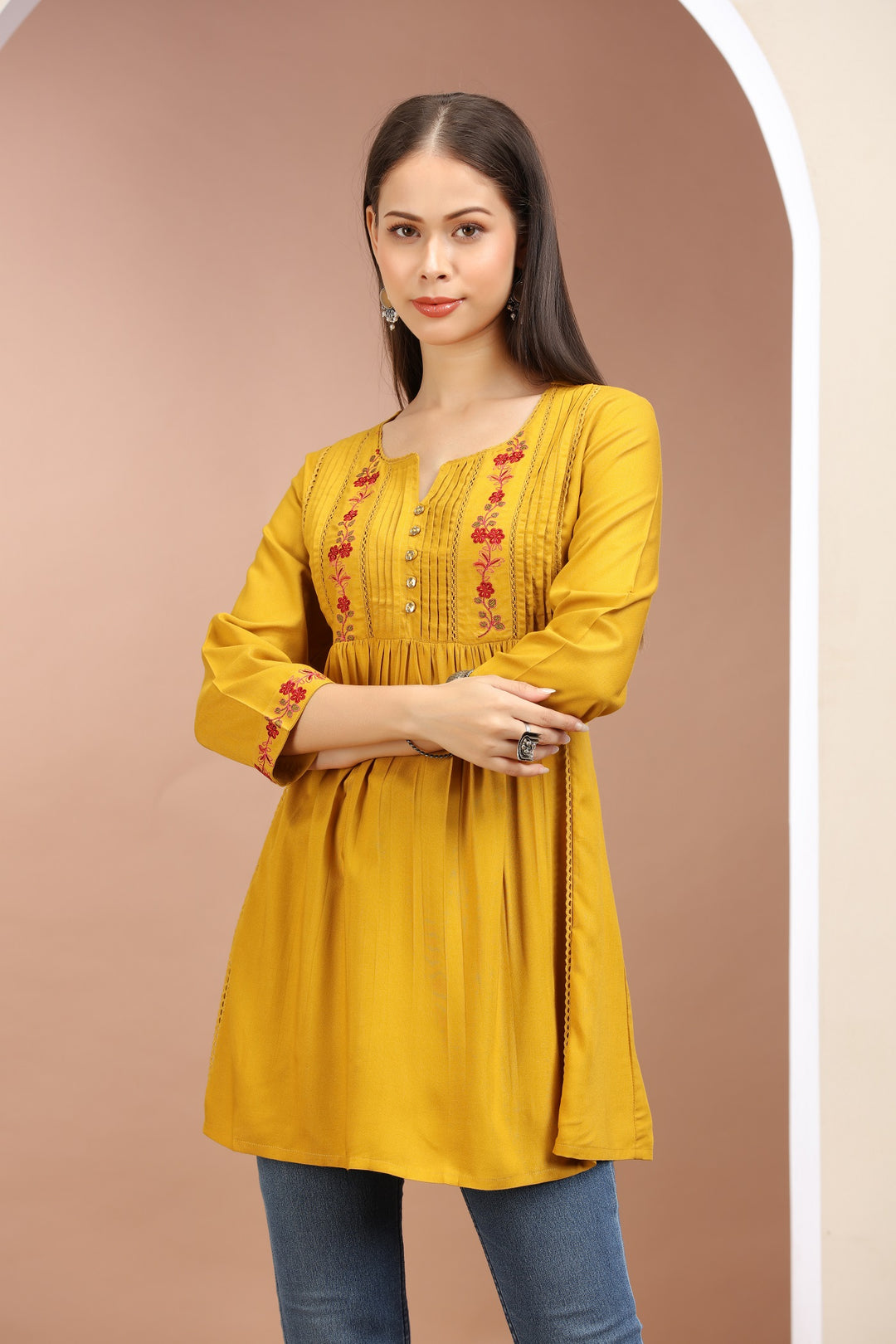 Mustard Rayon Embroidered Flared Short Kurta