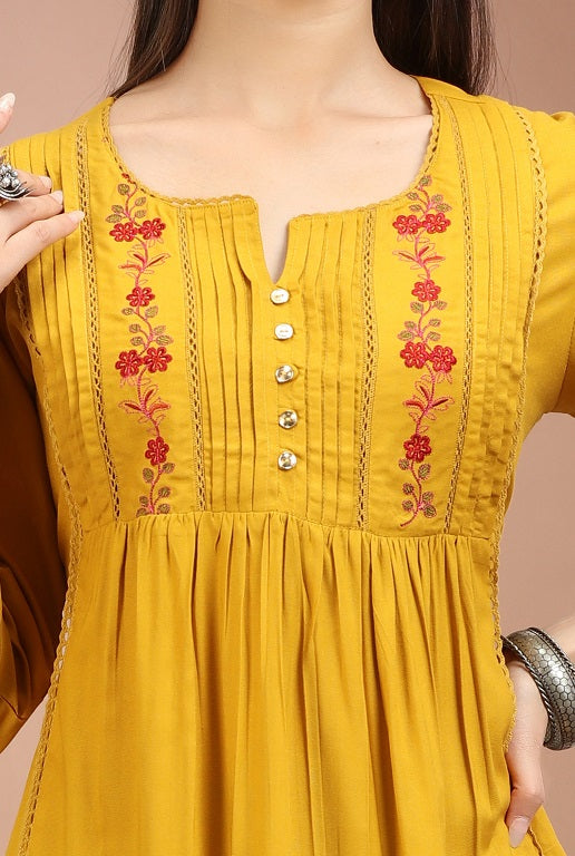 Mustard Rayon Embroidered Flared Short Kurta