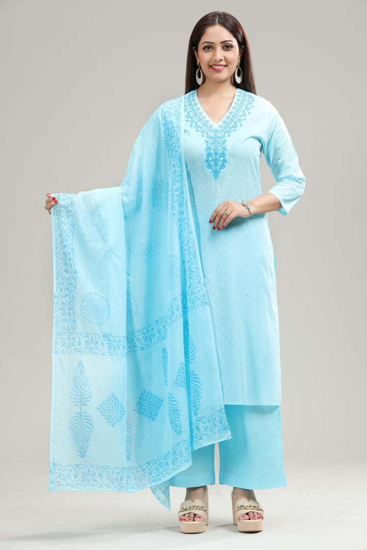 Sky Blue Cotton Straight Embroidered Kurta Pant Suit Set