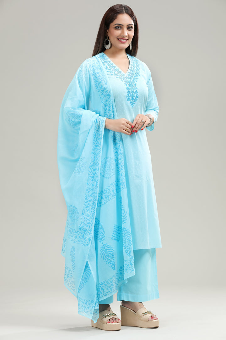 Sky Blue Cotton Straight Embroidered Kurta Pant Suit Set