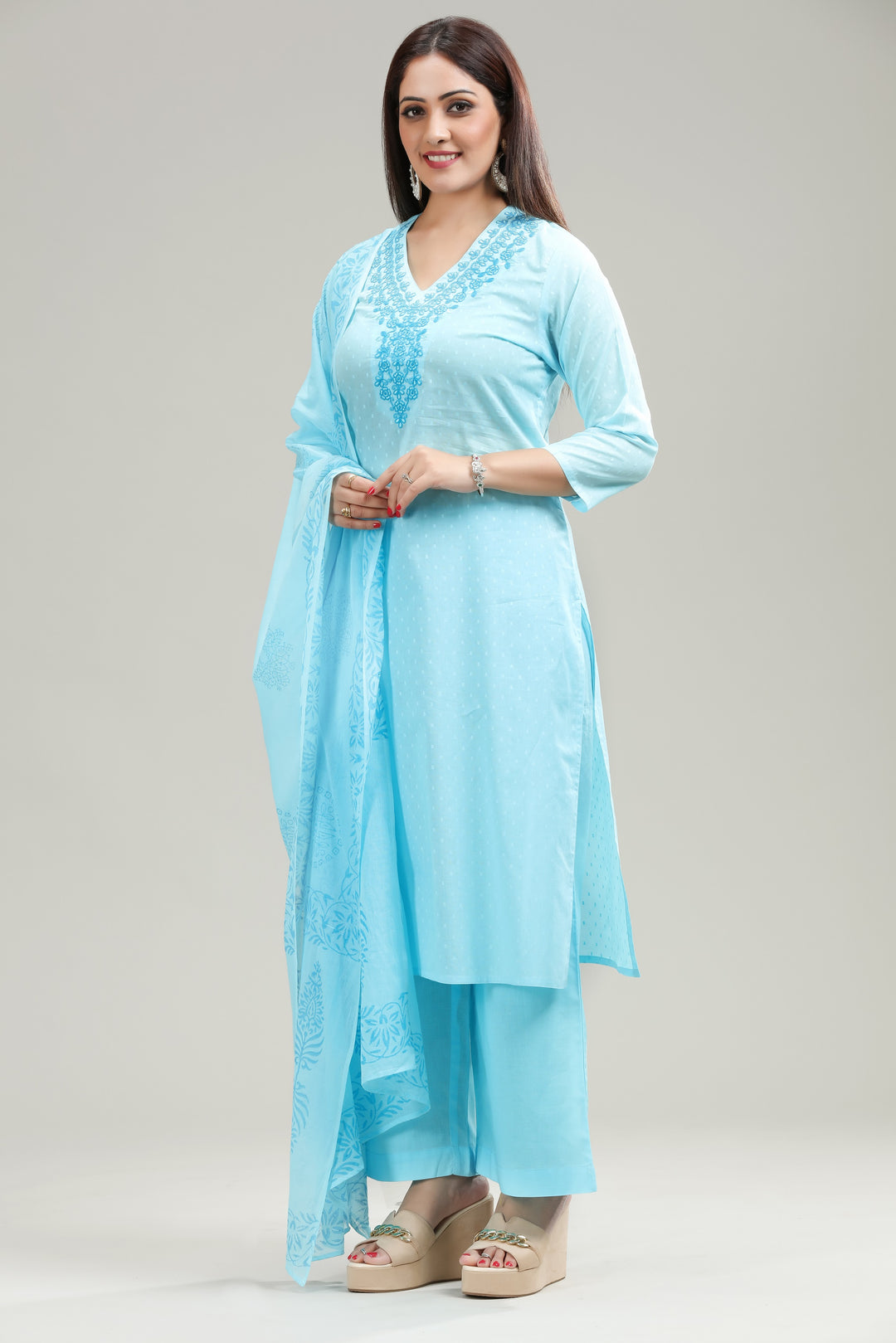 Sky Blue Cotton Straight Embroidered Kurta Pant Suit Set