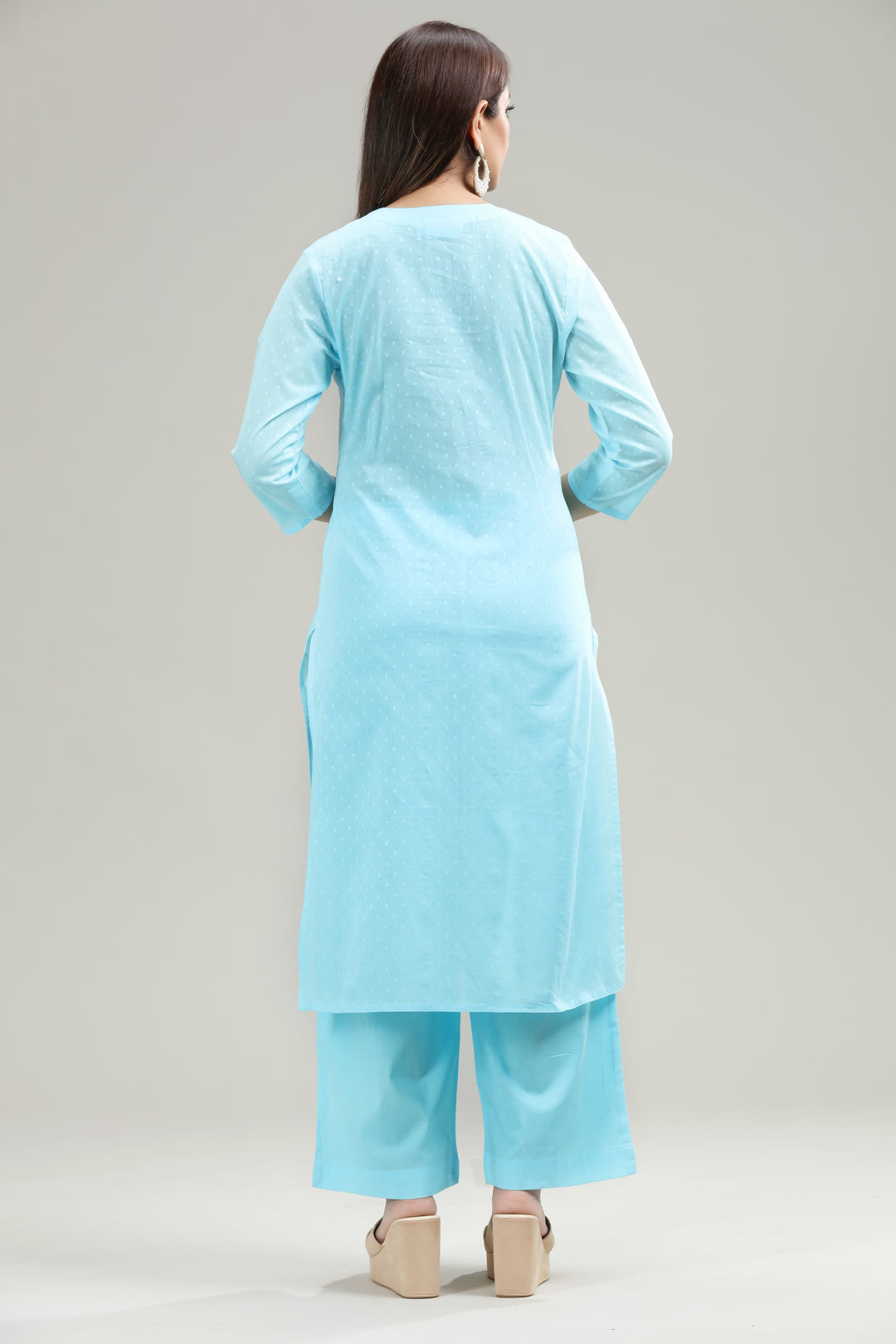 Sky Blue Cotton Straight Embroidered Kurta Pant Suit Set