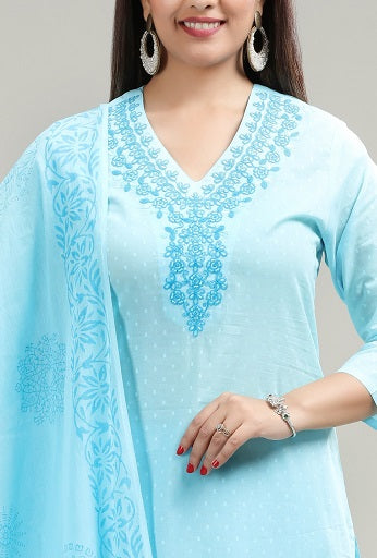 Sky Blue Cotton Straight Embroidered Kurta Pant Suit Set