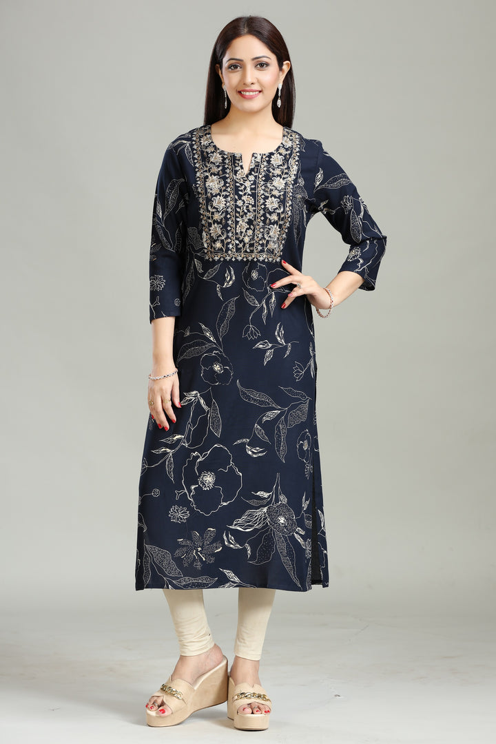 Navy Blue Rayon Straight Embroidered Kurta