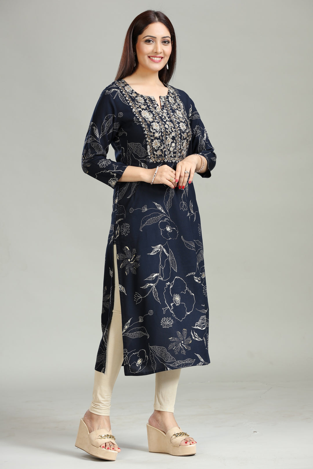 Navy Blue Rayon Straight Embroidered Kurta