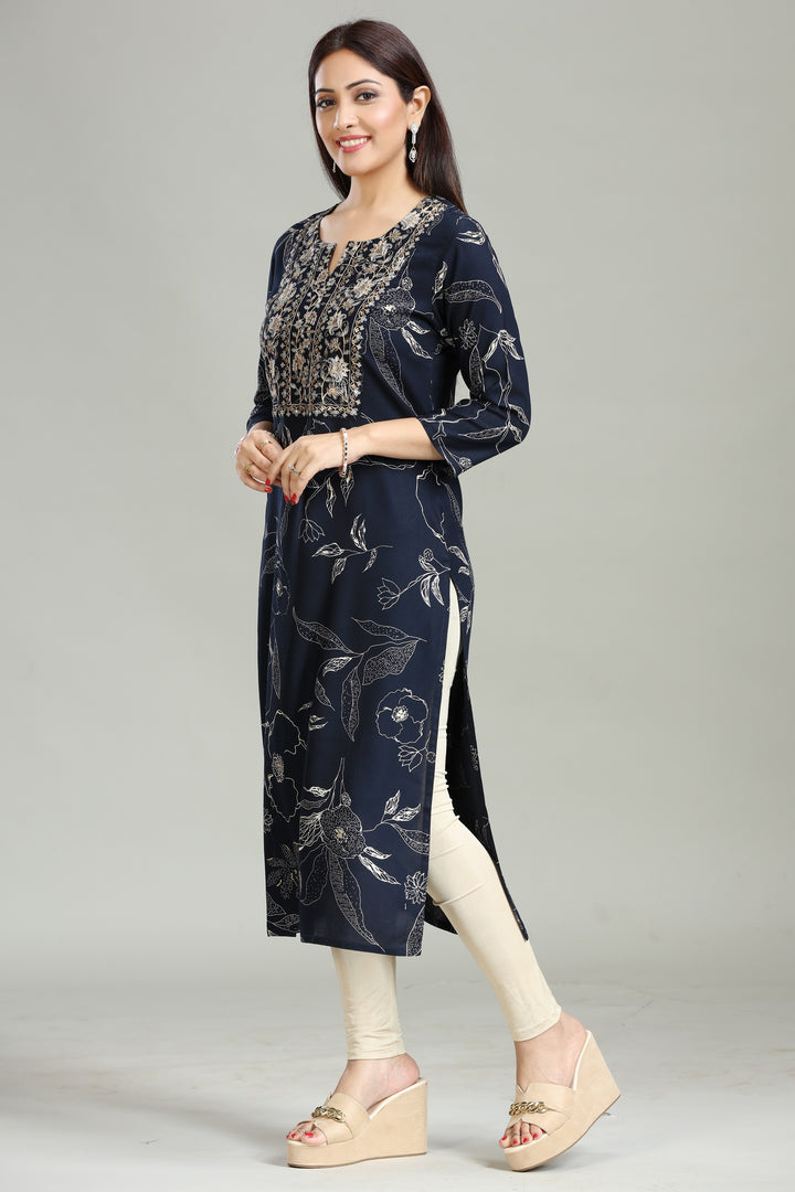 Navy Blue Rayon Straight Embroidered Kurta