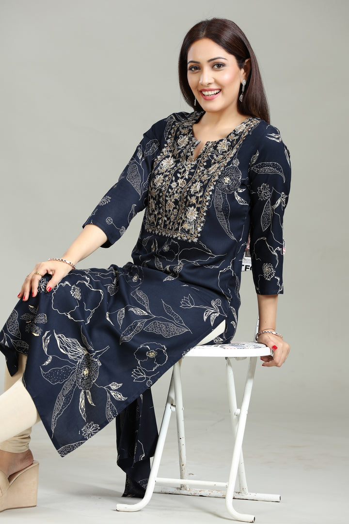 Navy Blue Rayon Straight Embroidered Kurta