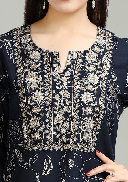 Navy Blue Rayon Straight Embroidered Kurta