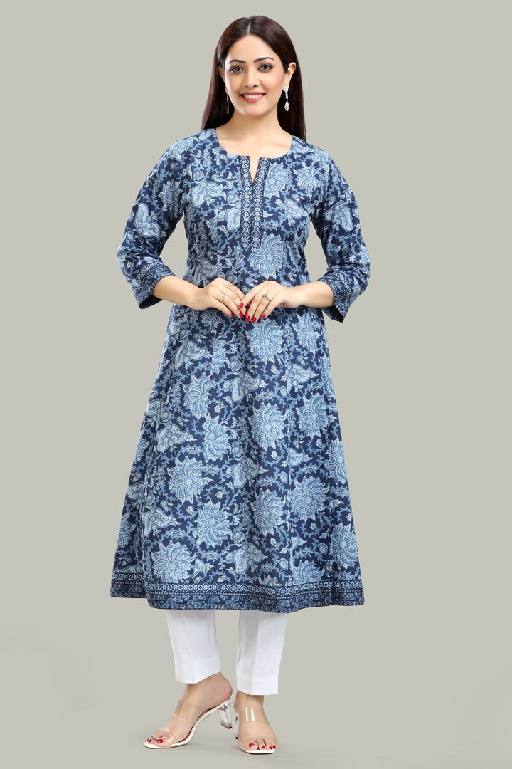 Blue Jaipuri Cotton A Line Printed Kurta