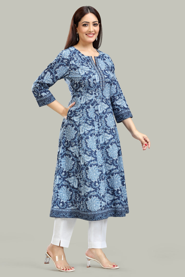 Blue Jaipuri Cotton A Line Printed Kurta