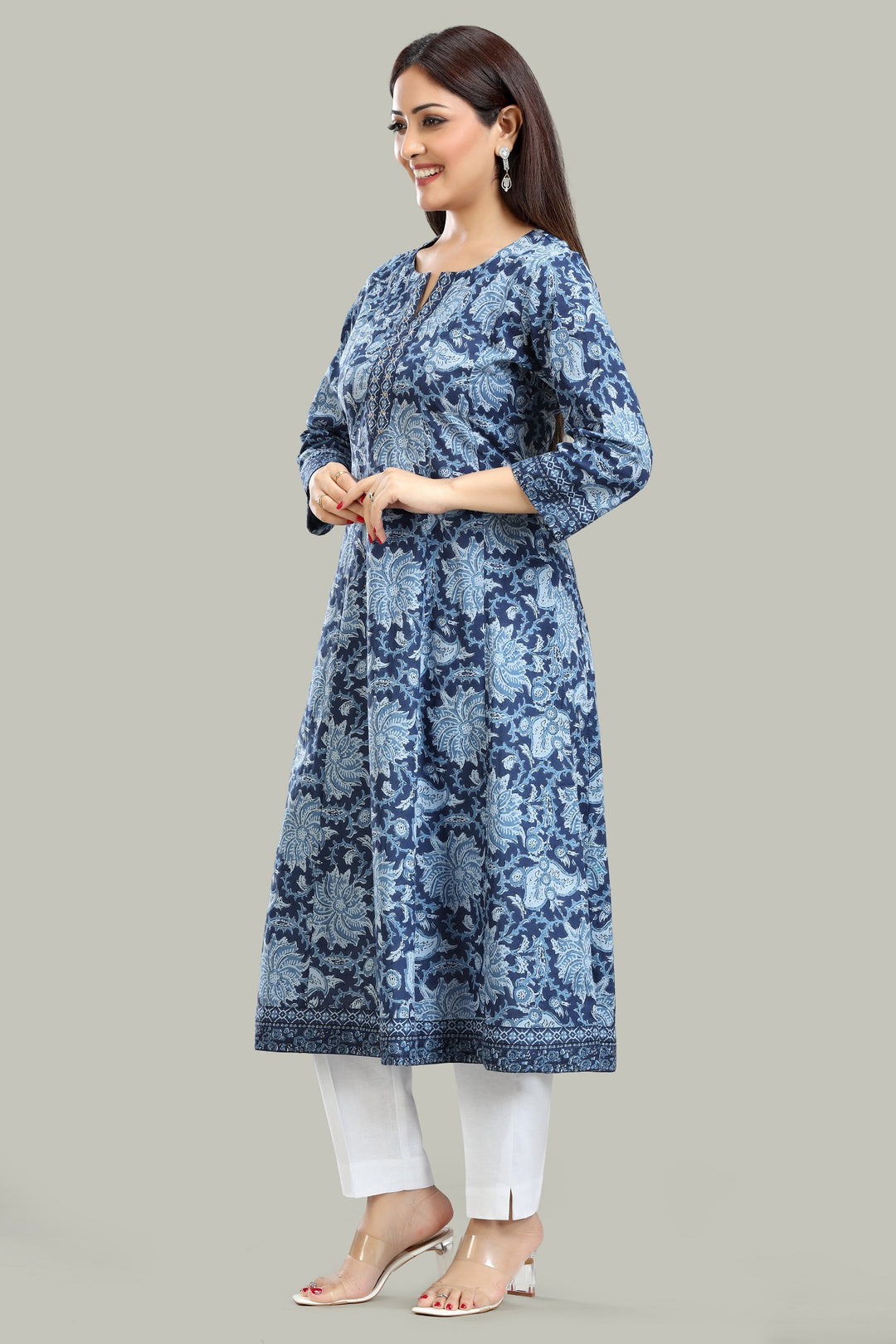 Blue Jaipuri Cotton A Line Printed Kurta