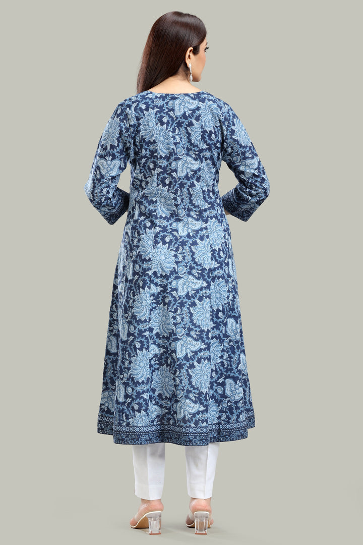 Blue Jaipuri Cotton A Line Printed Kurta