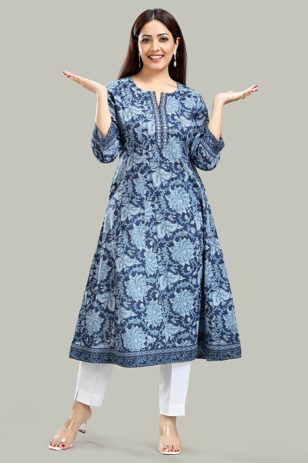 Blue Jaipuri Cotton A Line Printed Kurta