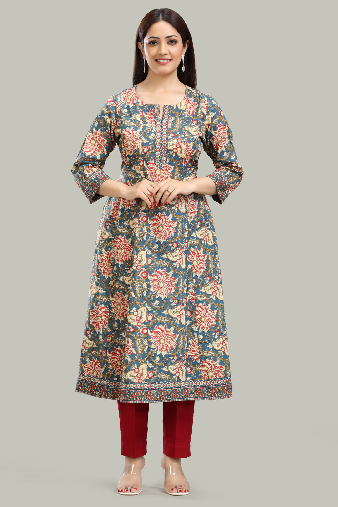 Teal Jaipuri Cotton A Line Printed Kurta