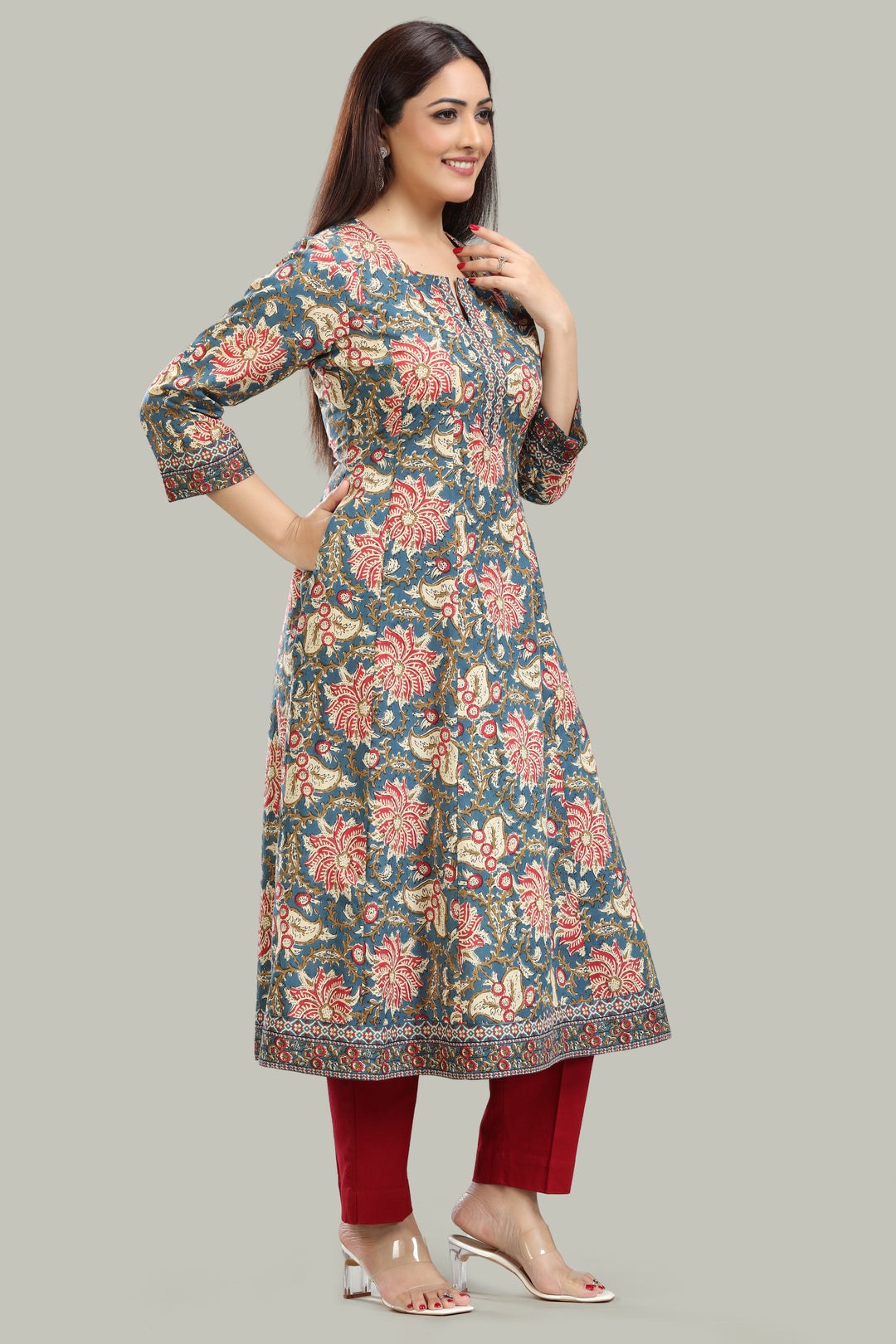 Teal Jaipuri Cotton A Line Printed Kurta