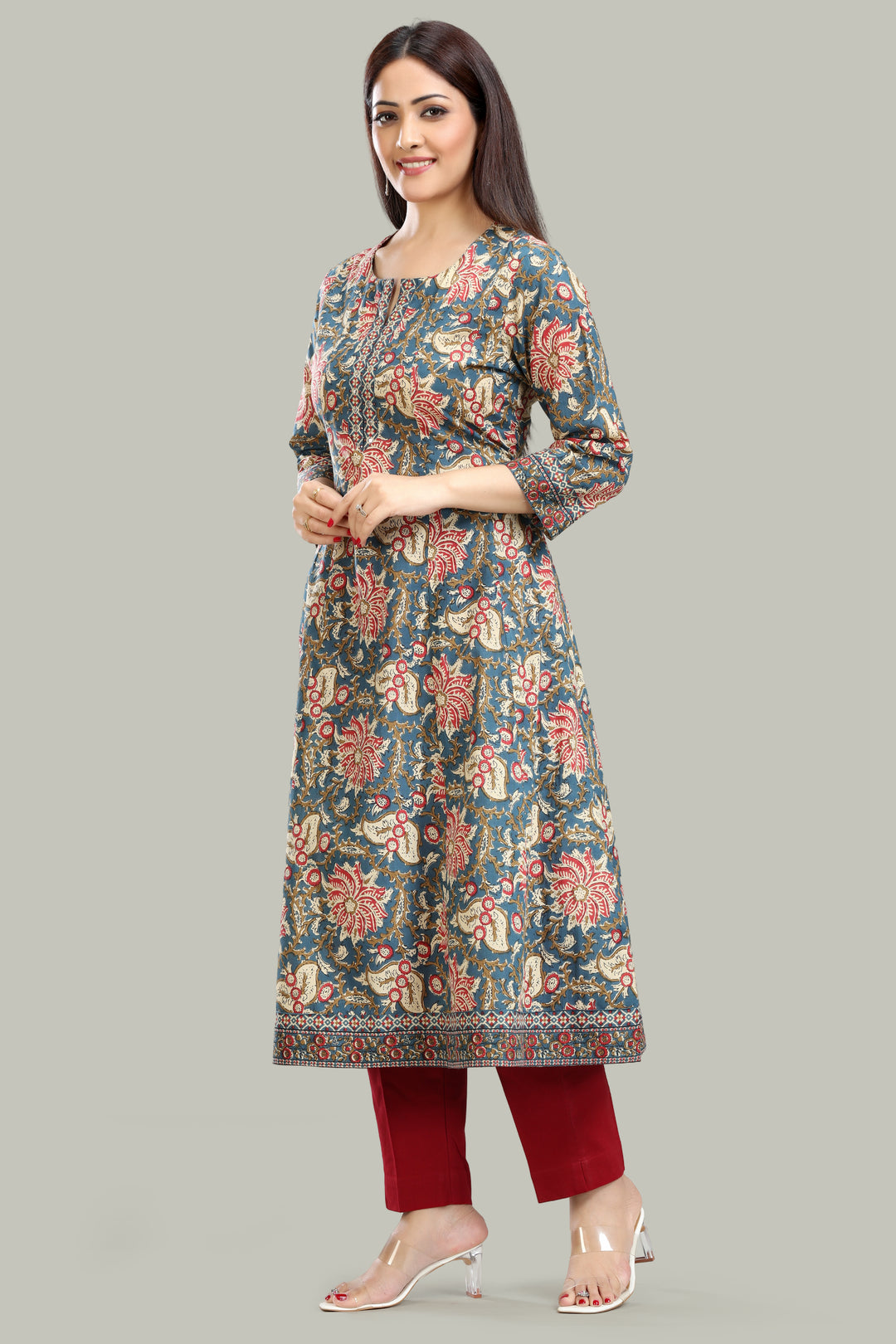 Teal Jaipuri Cotton A Line Printed Kurta