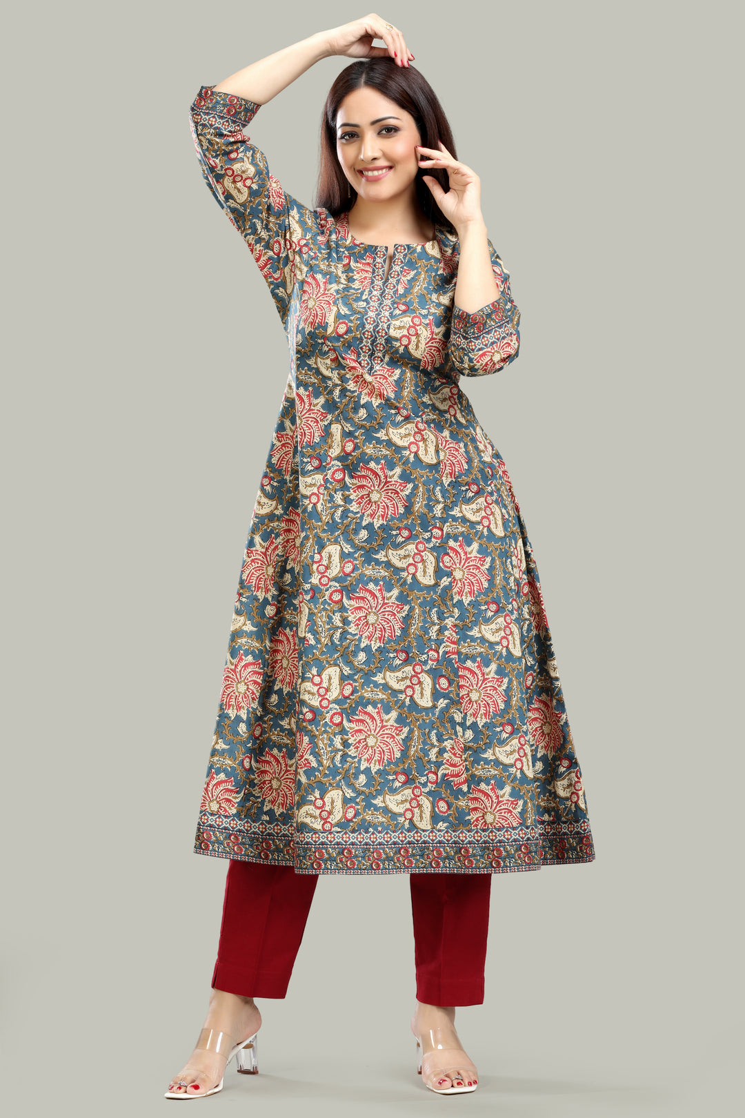 Teal Jaipuri Cotton A Line Printed Kurta